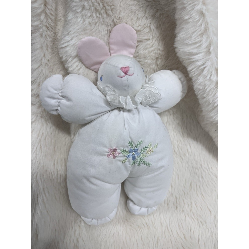 Vintage House of Hatten Chime Baby Plush Bunny Rabbit Embroidered Flowers White